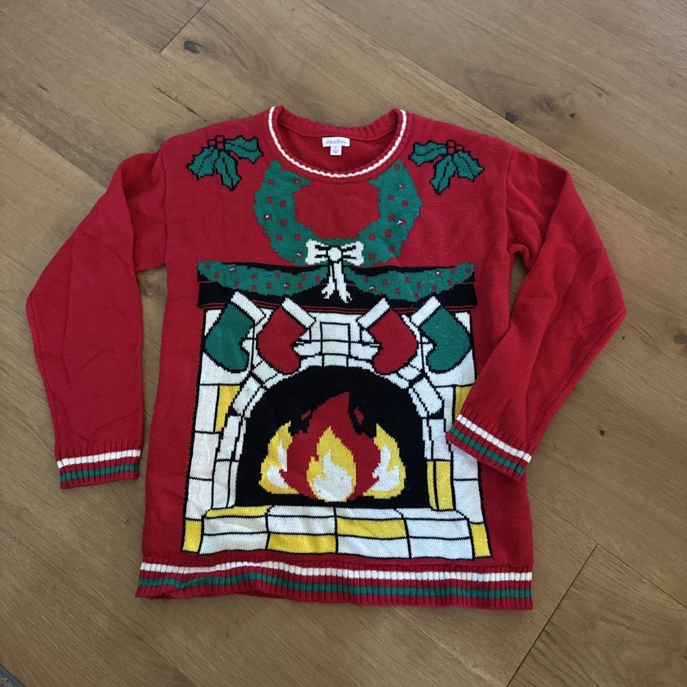 Xhilaration Christmas Sweater Womens Size L Red Fireplace Santa